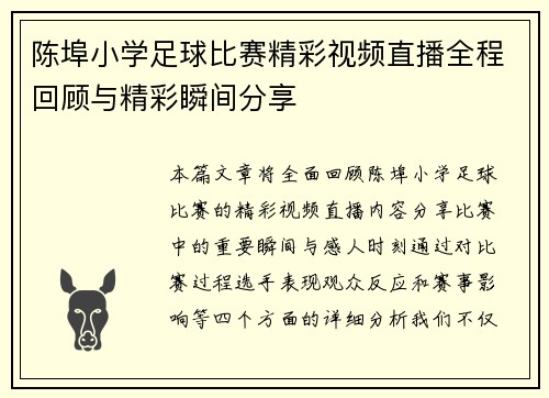 陈埠小学足球比赛精彩视频直播全程回顾与精彩瞬间分享