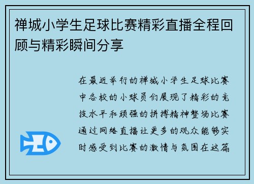 禅城小学生足球比赛精彩直播全程回顾与精彩瞬间分享